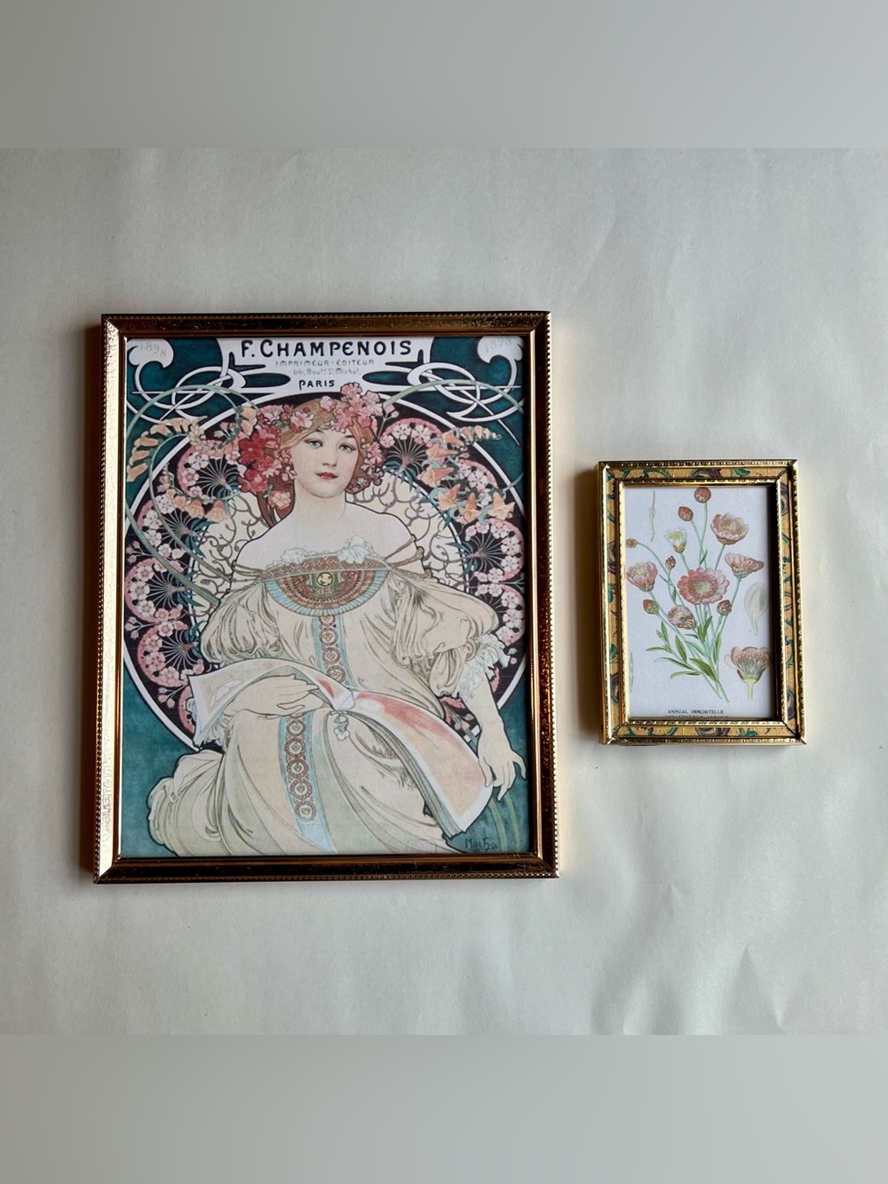 Vintage Brass Picture Photo Frames w/ Fine Art Prints Art Nouveau Flora-Set of 2